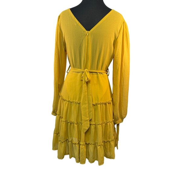 Mustard Yellow Wrap Dress By Shein  US 6 Medium Tiered Ruffle Skirt Long-Sleeve - Picture 5 of 9